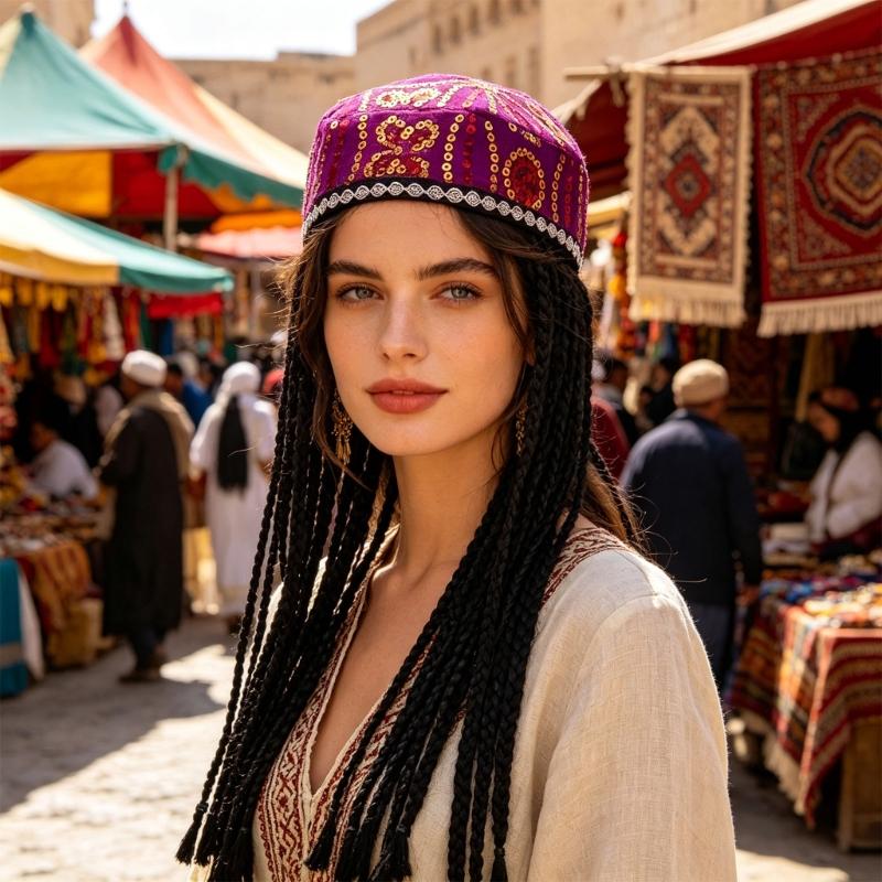 Elegant Beret Cap with Decorative Braids And Sequined Flower Decors Uyghur Hat For Stage Performances and Cultural Event