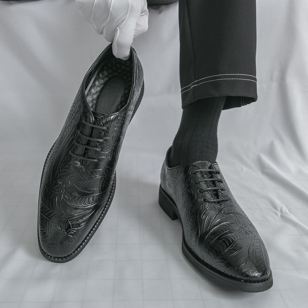 Men Derbys Oxford Blue Black Embossing Leather Formal Business Shoes Men's Tuxedo Wedding Dance Shoes Plus Size