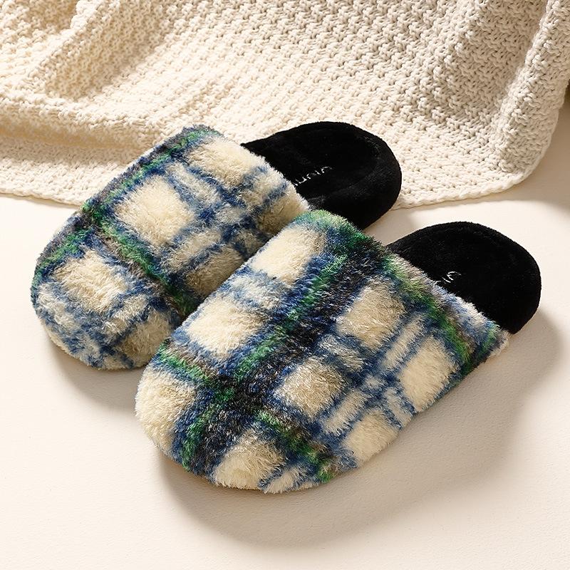 Retro Plaid Cotton Slippers Autumn and Winter 2025 New Indoor Home Home Thick Bottom Plush Warm
