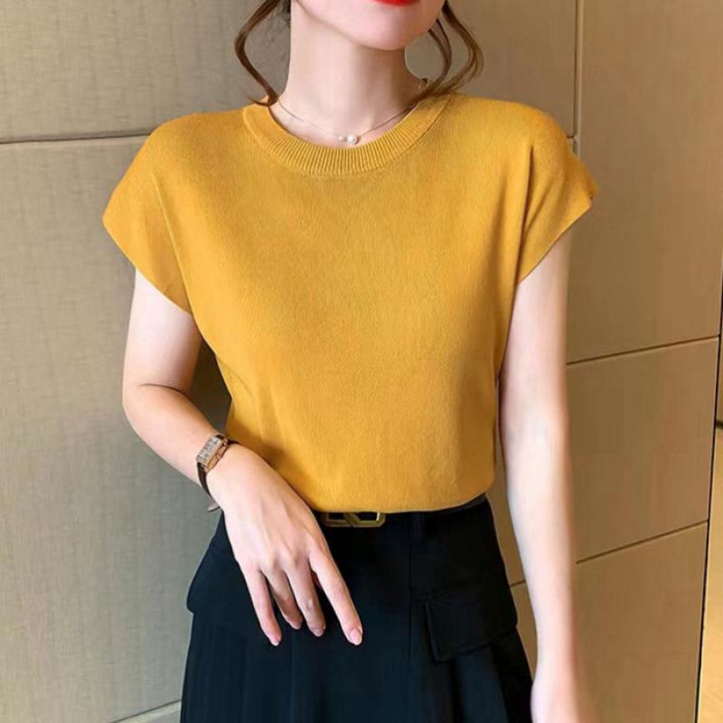 New ice silk knitted sweater women's summer thin shoulder sleeves loose and thin round neck short-sleeved bottoming top