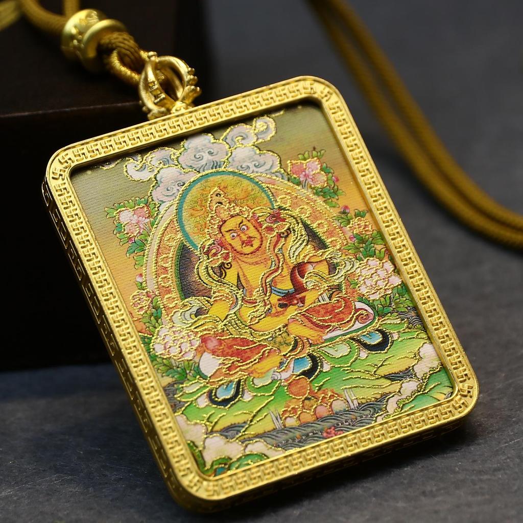 Tibet Mahakala Gold-Plated Thangka Pendant with Yellow Wealth God & Fox Fairy Design