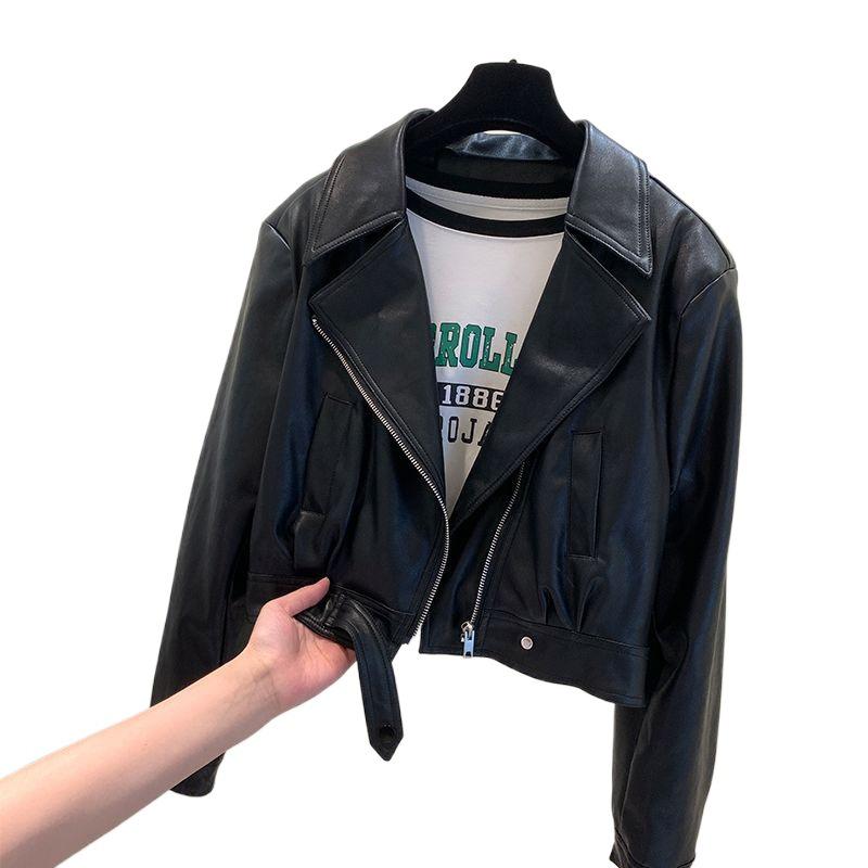 Women's European Style PU Leather Jacket with Velvet, Autumn Lapel Slimming Design