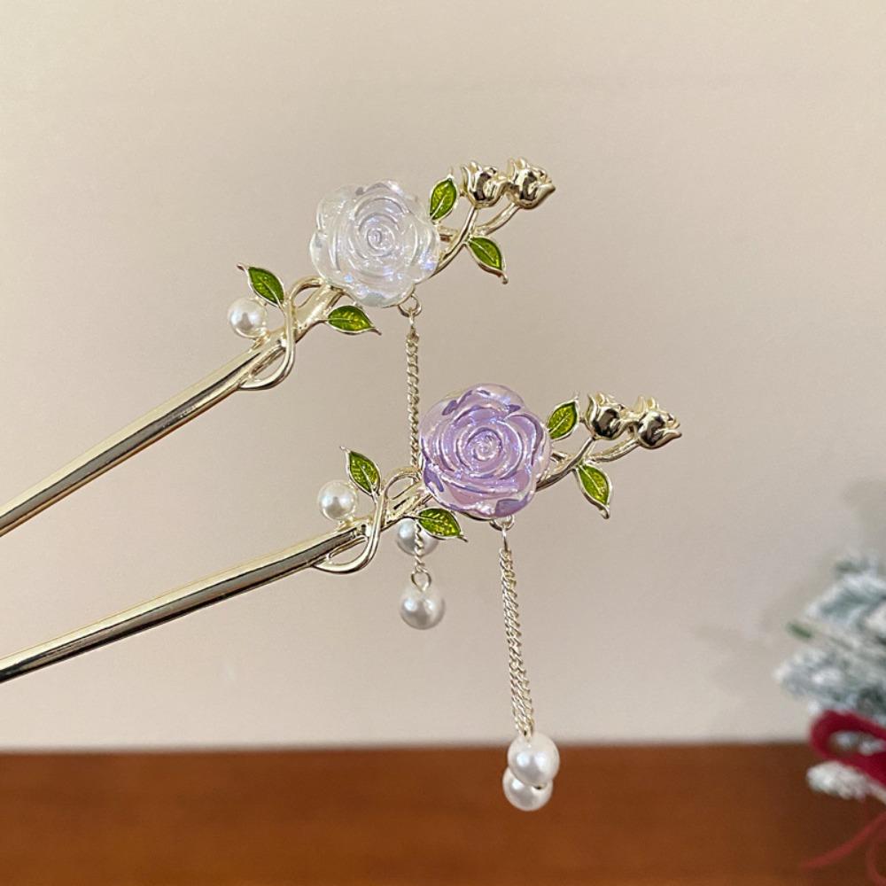 Tassel Hair Fork Rose Tassel Headwear Pearl Flower Rose Hanfu Hairpin Rose Hair Stick  Lady/Girls