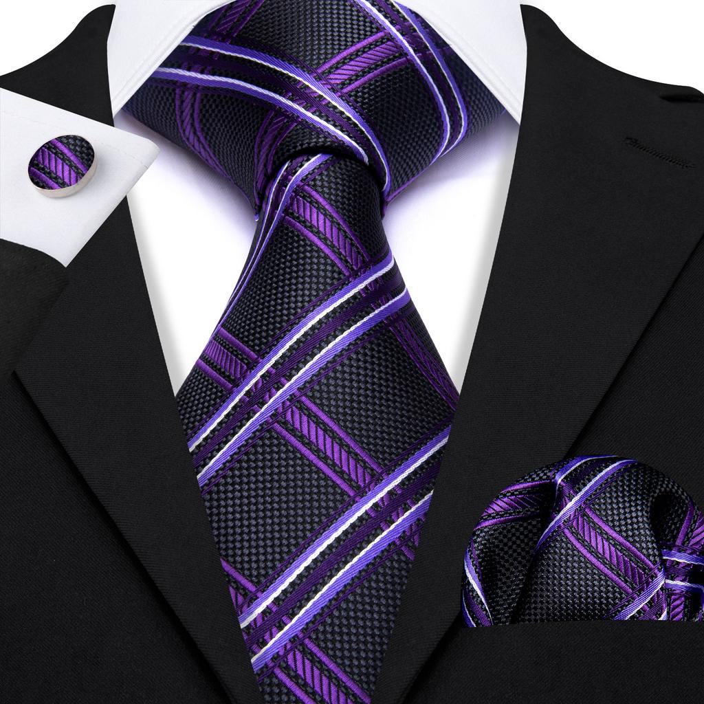 Barry.Wang Necktie Hankerchief Cufflinks Set Violet Paisley Tie Jacquard Woven Wedding