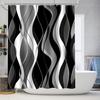 4pcs Stripe Pattern Waterproof Shower Curtain With 12 Hooks Non-Slip Bathroom Rug Toilet U-Shape Mat Toilet Lid Cover Pad