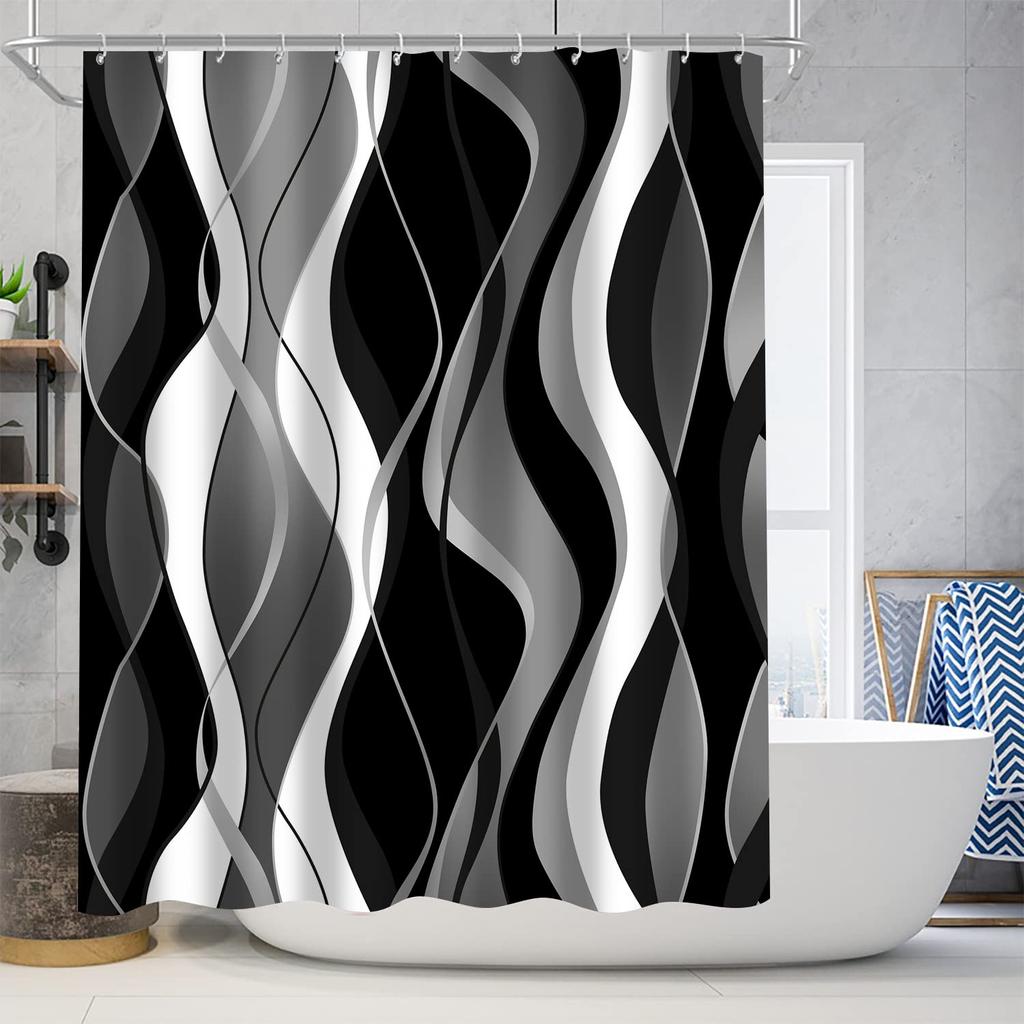 4pcs Stripe Pattern Waterproof Shower Curtain With 12 Hooks Non-Slip Bathroom Rug Toilet U-Shape Mat Toilet Lid Cover Pad