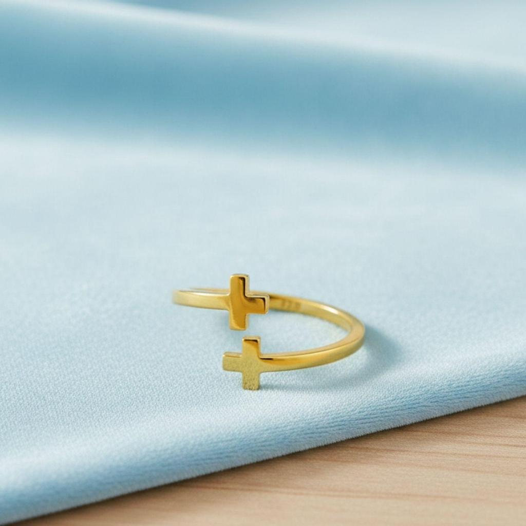 925 Sterlingsilber Gold Vermeil Doppelkreuz Offener Verstellbarer Damenring