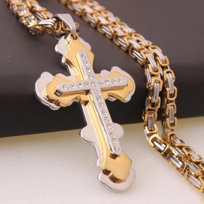 Classic Mens Silver Gold Color Cross With Crystal Pendant Necklace Stainless Steel Link Chain Byzantine Necklace Jewelry