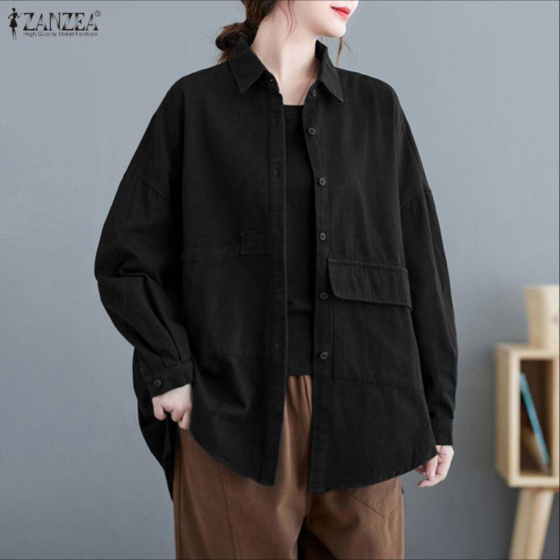 ZANZEA Oversized Women Turn Down Collar Long Sleeve Solid Casual Blouse Shirts