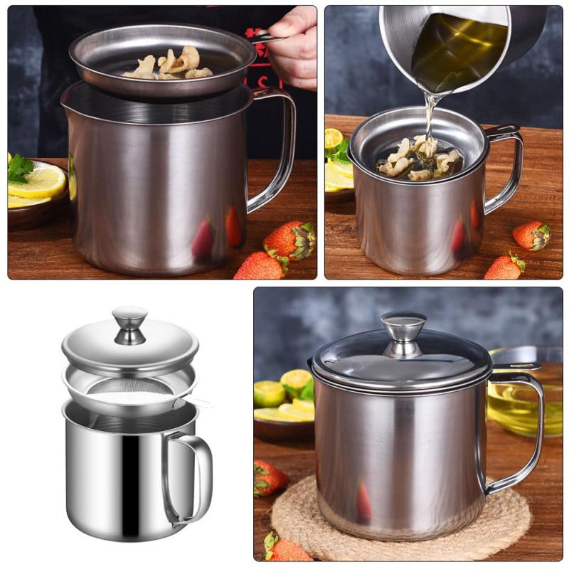 Stainless Steel Oil Filter Pot Kitchen Oil Container Can With Fine Mesh Strainer For Home Kitchen Frying Oil Storage Reuse