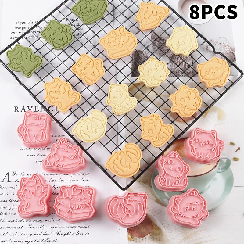 8Pcs Cat Cookie Mold Set Cartoon Cat Claw Fish Bone Shape Cookie Stamp Fondant Cake Decoration Tools 3D Hand Pressure Plastic