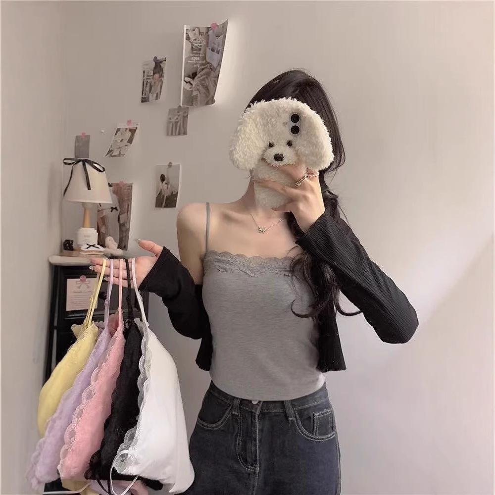 #Spring new models, short lace lace sweet girl style suspender tube top versatile solid color small suspender