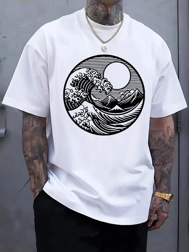 Japanese Great Wave off Kanagawa Graphic T-shirt - Black Casual Crew Neck Tee with Iconic Sea Wave Print