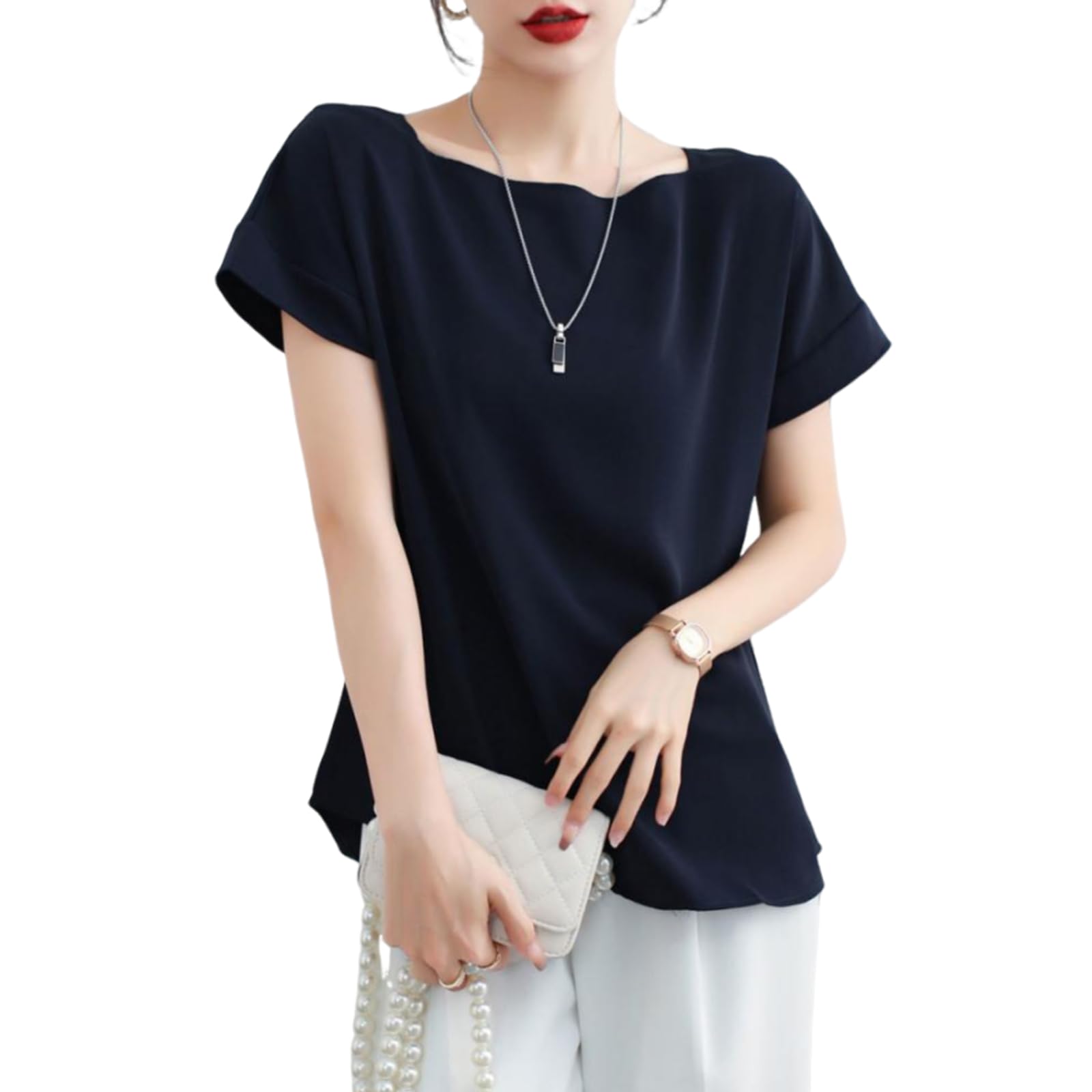 

WoauNuiHll Chiffon Short Flared Dress Square Solid Plus Sizes Loose Perfect for or Summer Women s Blouse, Sleeve, Shirt, Neck, Color, Lightweight,