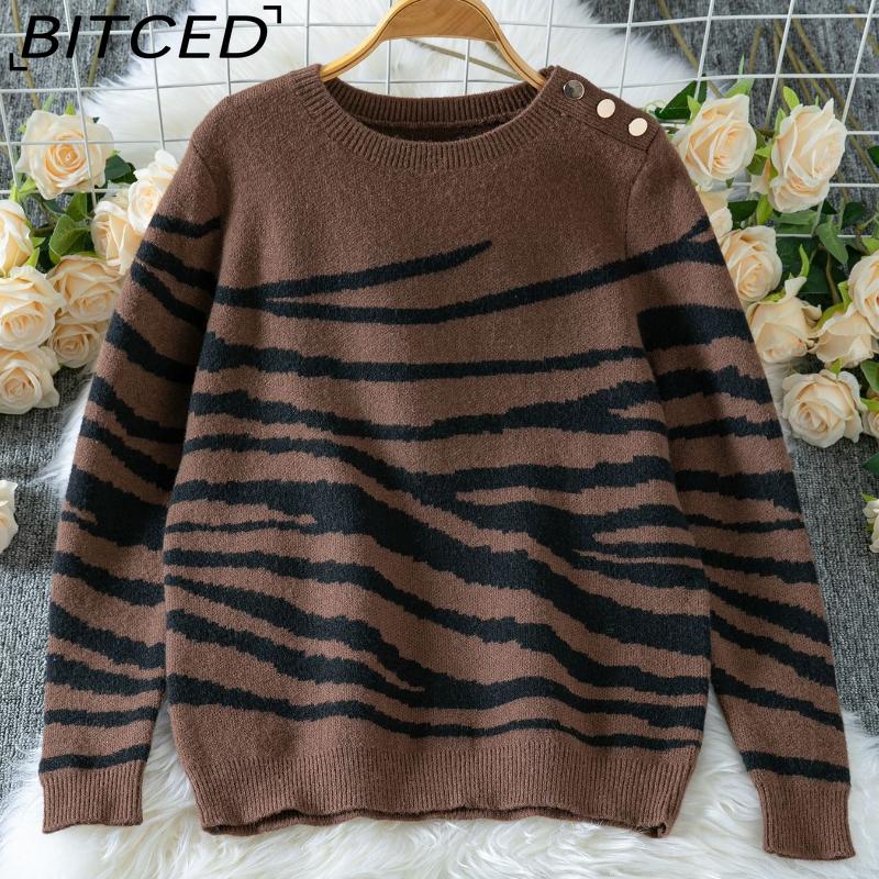 

BITCED Fall/Winter Women s Sweater: Color-Blocked Zebra Print O-Neck Shoulder-Snap Long-Sleeve Knit Top XL кофейный
