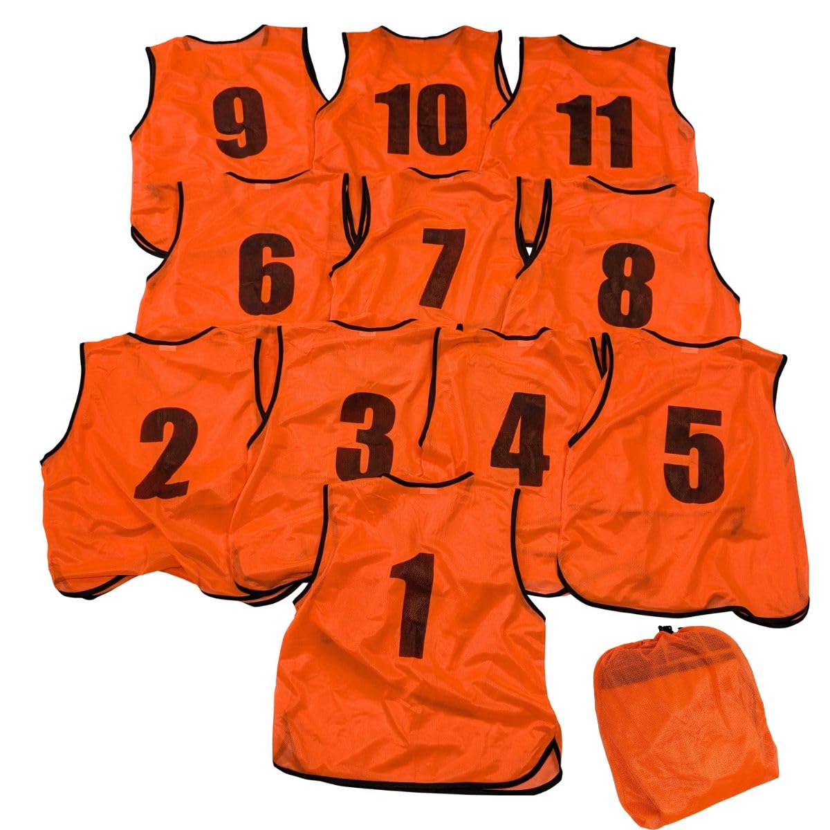 

[Fungoal] Bibs/Numbered Jerseys, Set of 11 (Numbers 1-11), 3 Sizes (Children s & Adults), 11 Colors, with Storage Bag [Fluorescent Orange] [Free Size