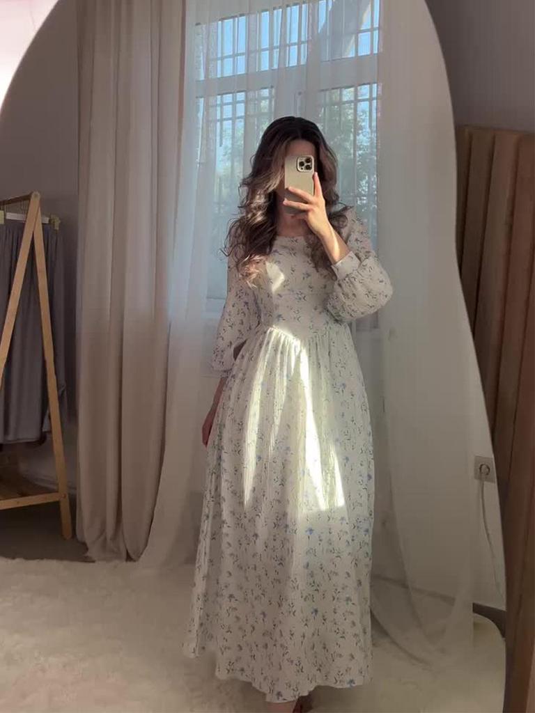 2025 Floral Fairy Intellectual Style Waist-Hugging Square Neck Tie-Up Long Dress