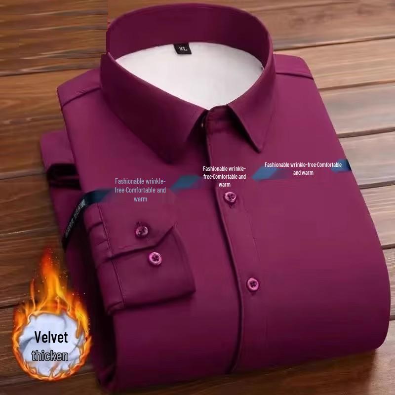 Men's Formal White Velvet-Lined Non-Iron Long Sleeve Shirt with Pocket