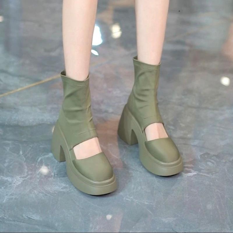 Celebrytka internetowa cienkie elastyczne skórzane cienkie krótkie botki okrągły nosek wodoodporne wiosna i lato nowe ażurowe gruba podeszwa