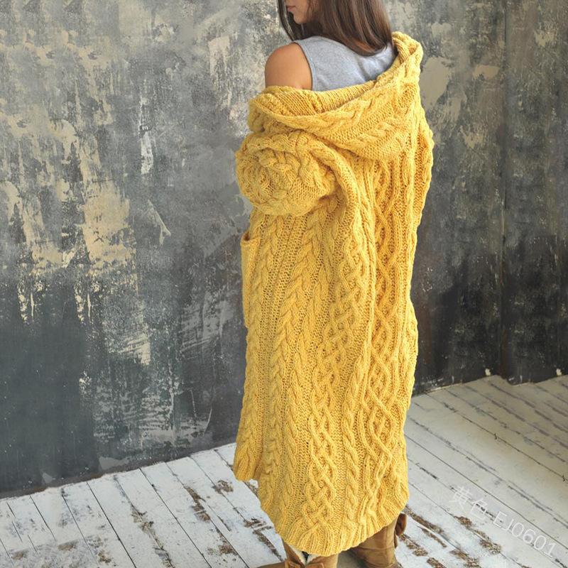 Women's Hood Neck Long Sleeve Cardigan Sweater Cape Fit British Style Solid Color Cable Knit Lazy Casual Commuter Long Knit Coat
