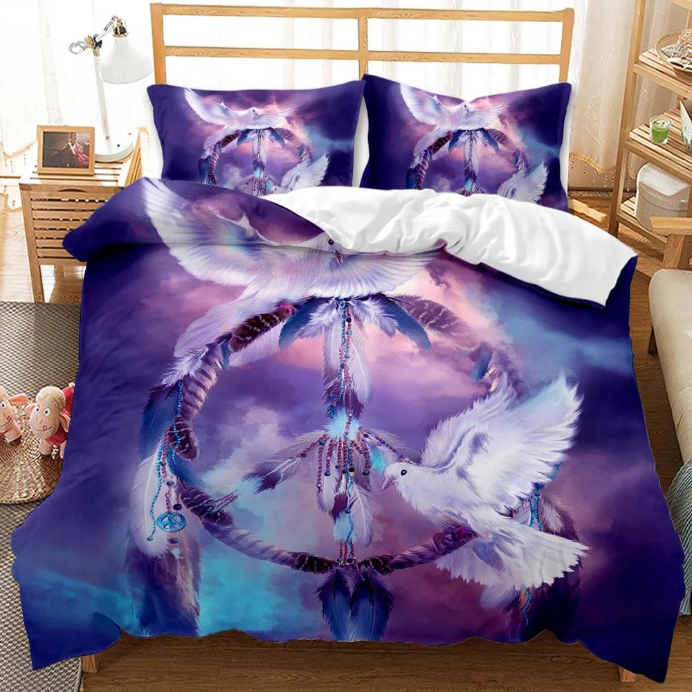 Traumfänger-Bettbezug-Set, weißes Pferd, Wald, Traumfänger, blaues Bettwäsche-Set, Doppel-, Queen- und King-Size-Bettbezug aus Polyester