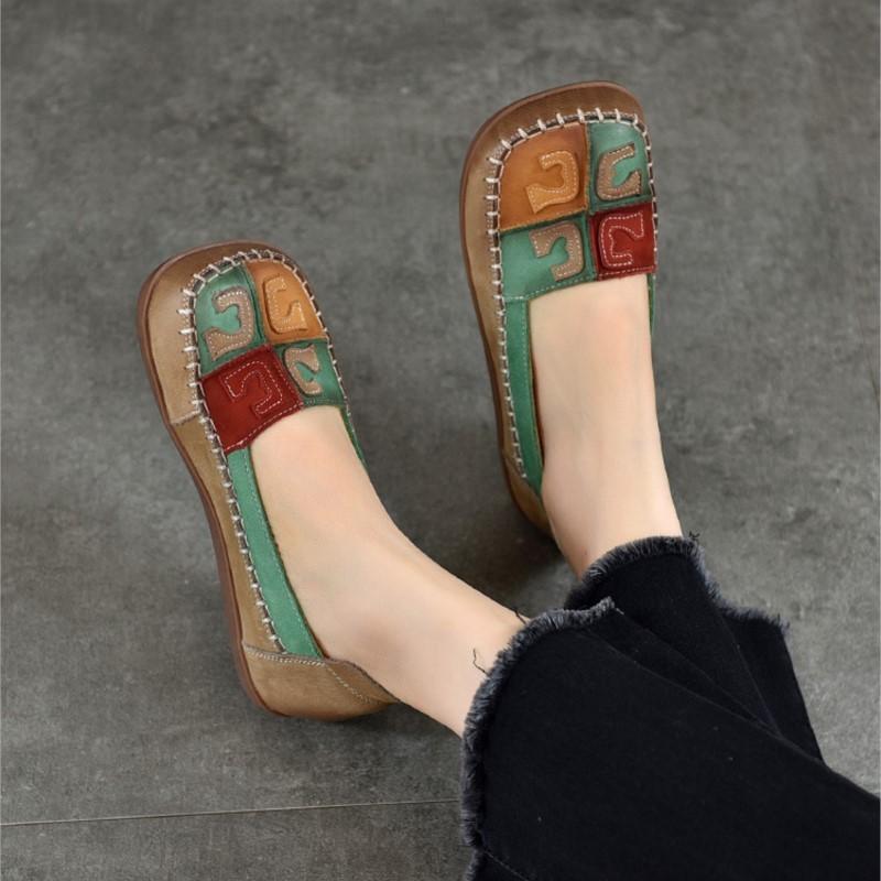 Johnature Vintage Mieszane Kolory Ręcznie Robione Damskie Buty Miękka Podeszwa Płytkie Prawdziwej Skóry Kwadratowe Noski Płaskie Buty