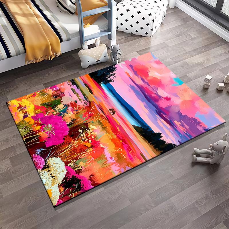 Colorful Nature Landscape Carpet with Sunset, Flowers, and Grazing Horse Suitable for use as an anti-slip for living room bedroom sofas
