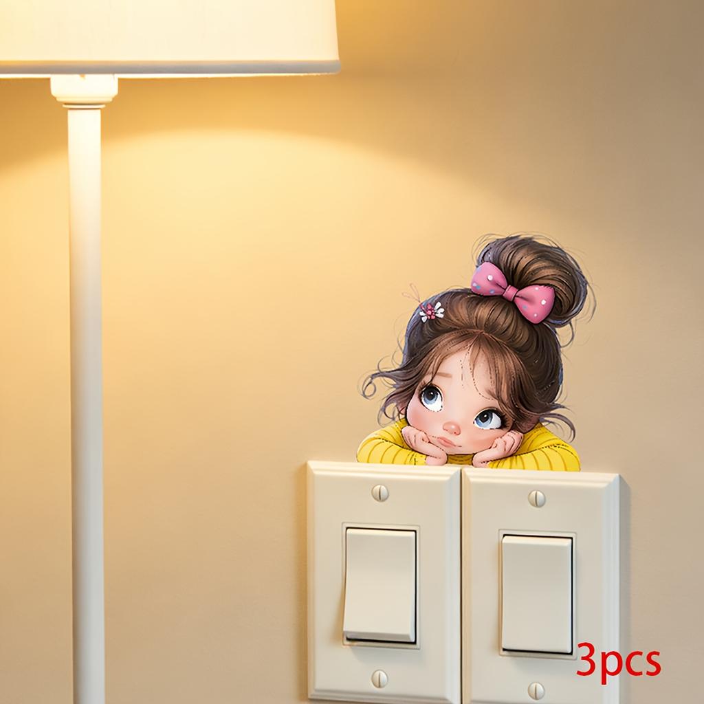 3Pcs Cartoon Girl Switch Stickers, Self-Adhesive PVC Wall Decals for Home & Office Decor