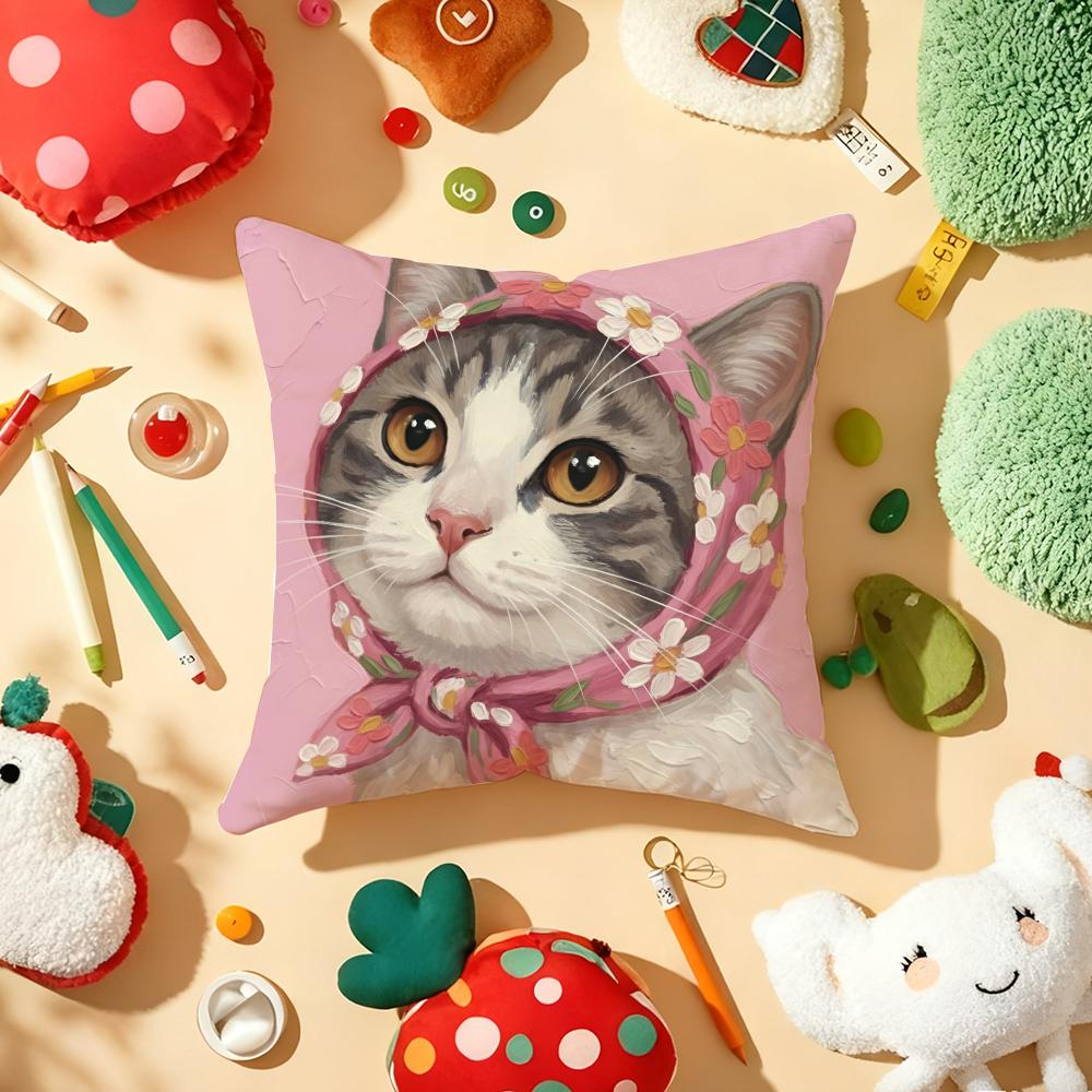 Art Cat Cute Cushion Cover Plush Fabric Soft Double-Sided Printed Sofa Warm Winter Home Child Gift Pillow Case