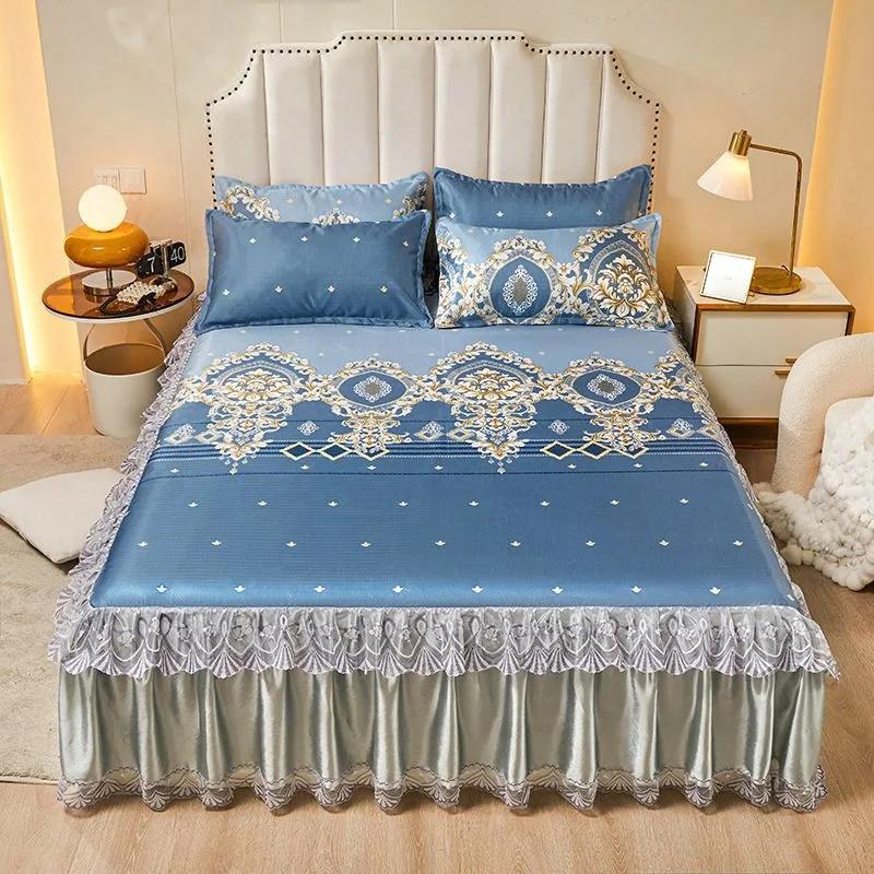 3pcs/set 2024 Summer Lace Bed Skirt Ice Silk Mat Printed Korean Lace Cool Mat Set Retro Single AndDouble Air Conditioned Bed Mat