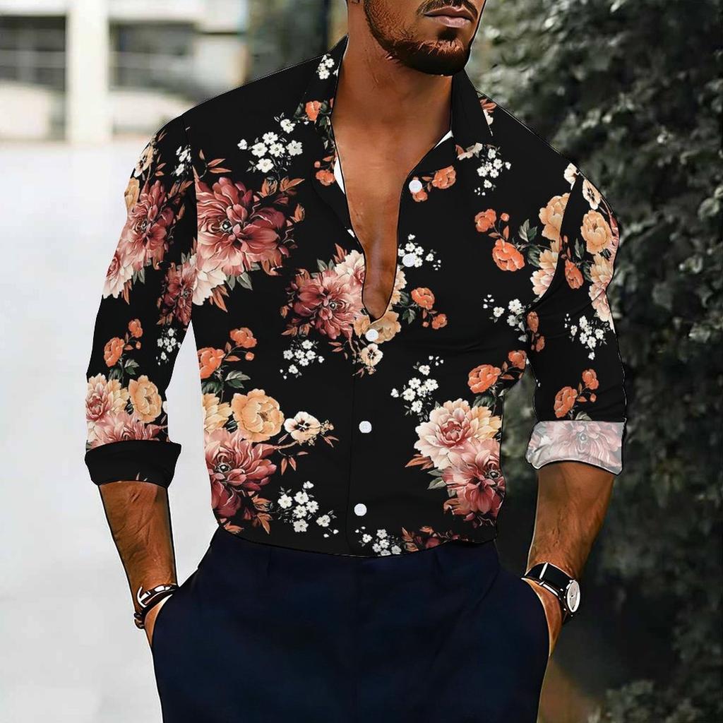 Men Collared Shirt White Yellow Teal Ink Wash Floral Print Long Sleeve Button Down Top