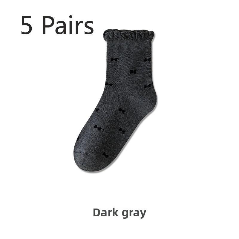 5 Pairs Lace Stacked Socks Mid-calf Socks Spring and Summer Thin Cotton Socks Breathable Versatile Wooden Ear Edge Small Bow Socks Female