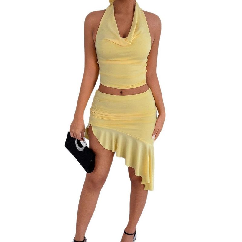 Outfitgirl Bright Yellow Halterneck Vest Asymmetrical Skirt Suit Women's Fashion Style Sexy Street Shot Wear