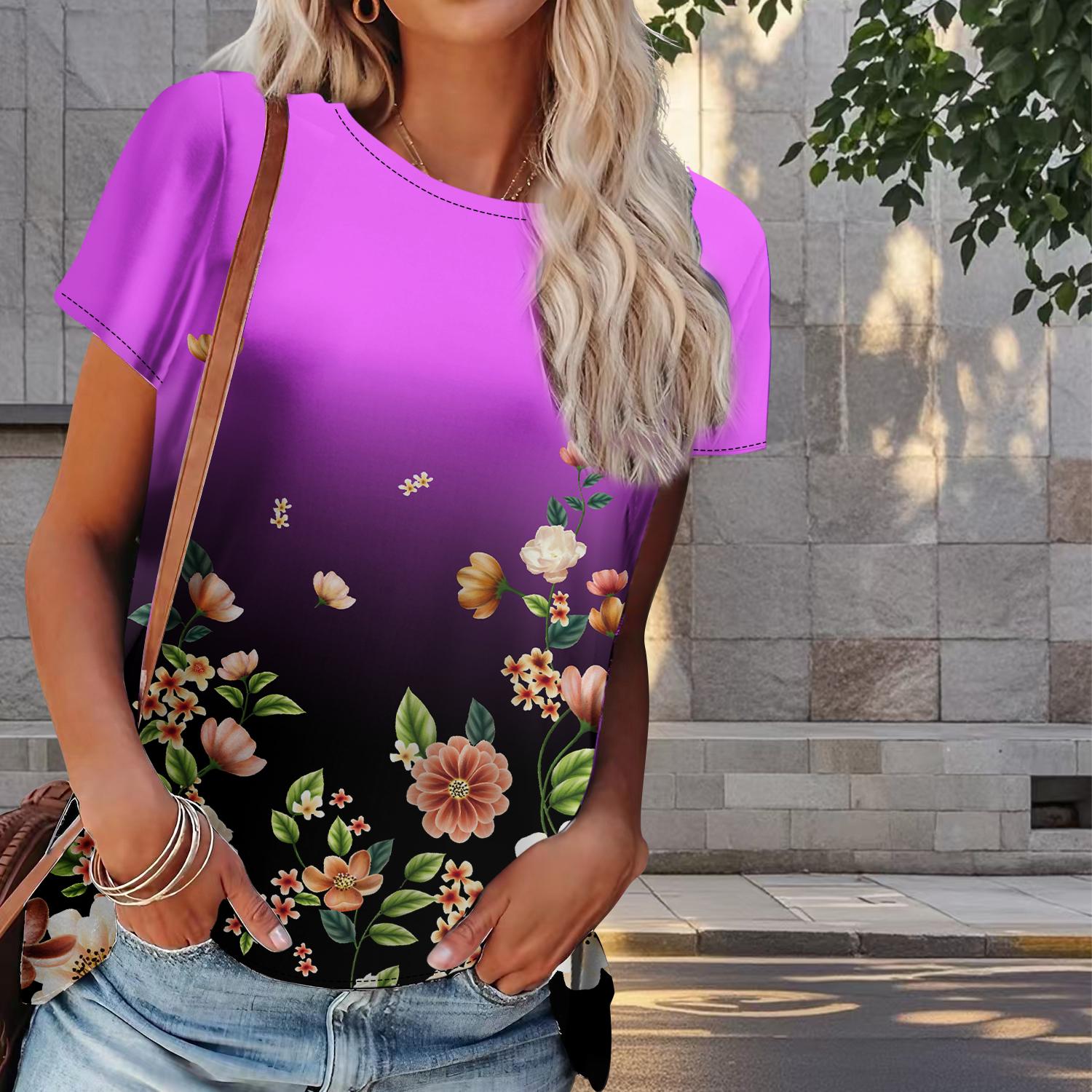 

Женская летняя футболка с цветочным принтом в стиле ретро, футболки с коротким рукавом, повседневные топы с принтом 8XL розовый
