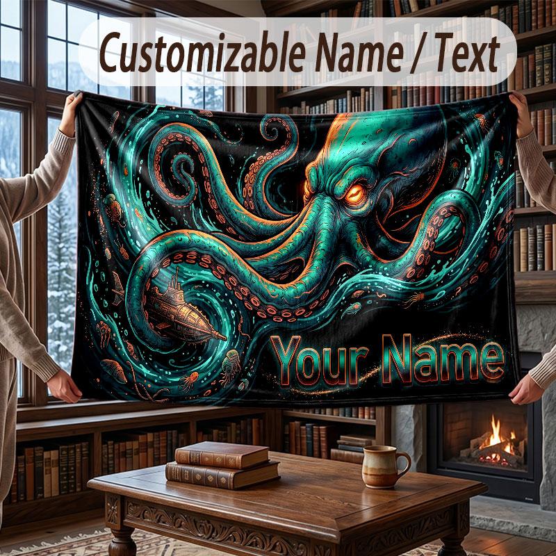 Octopus Sea Life Theme Throw Blanket Custom Name Text Personalized Blanket Soft Cozy Blanket for Home Sofa Bed