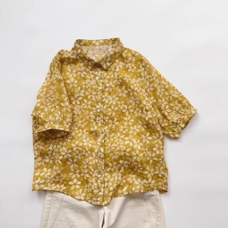 

Women s Yellow Floral Cotton Linen Short-Sleeve Shirt – Versatile, Quality, Loose Summer Top Medium жёлтый/цветочный
