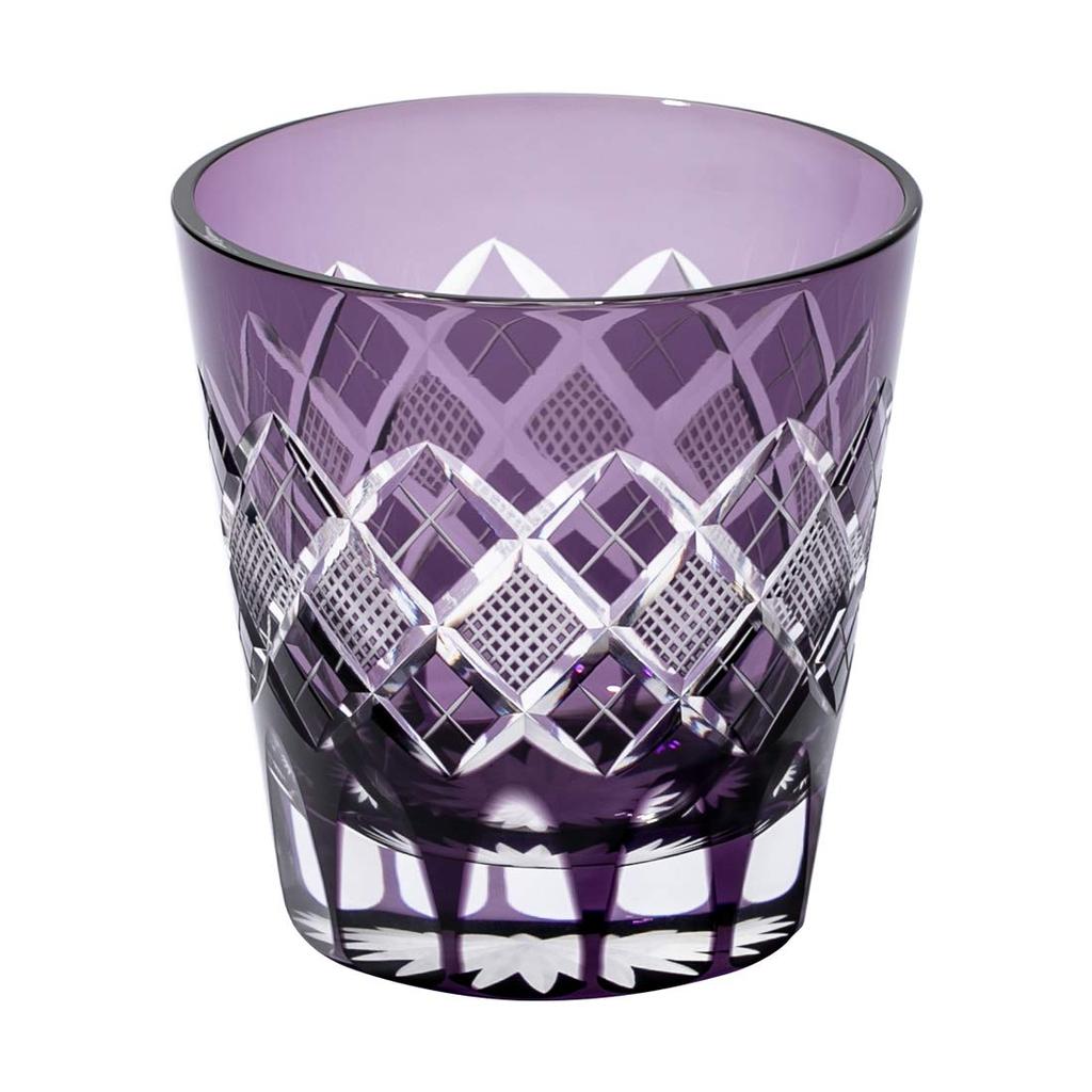 [Taimuro Workshop Official] Edo Kiriko Yarai Nanako Pattern Open-Top Old Fashioned Glass (Purple) TB90425M, in Wooden Box, Made in Japan