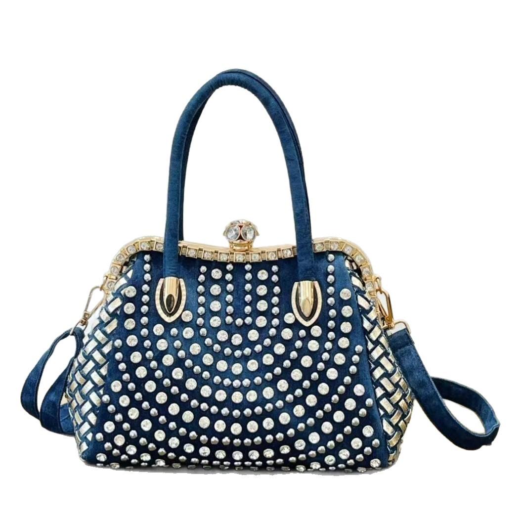 

2025 Новая сумка-клипса U-образная пряжка с бриллиантами Ковбойская плетеная сумка с бриллиантами Элегантная сумка на одно плечо синий