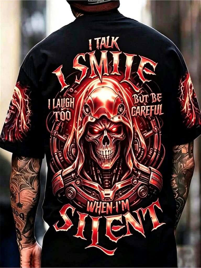 Men's Skull Full Back Print Short Sleeve T-Shirt Hardcore Dark Style Casual Top A Fashionable and Perfect Gift