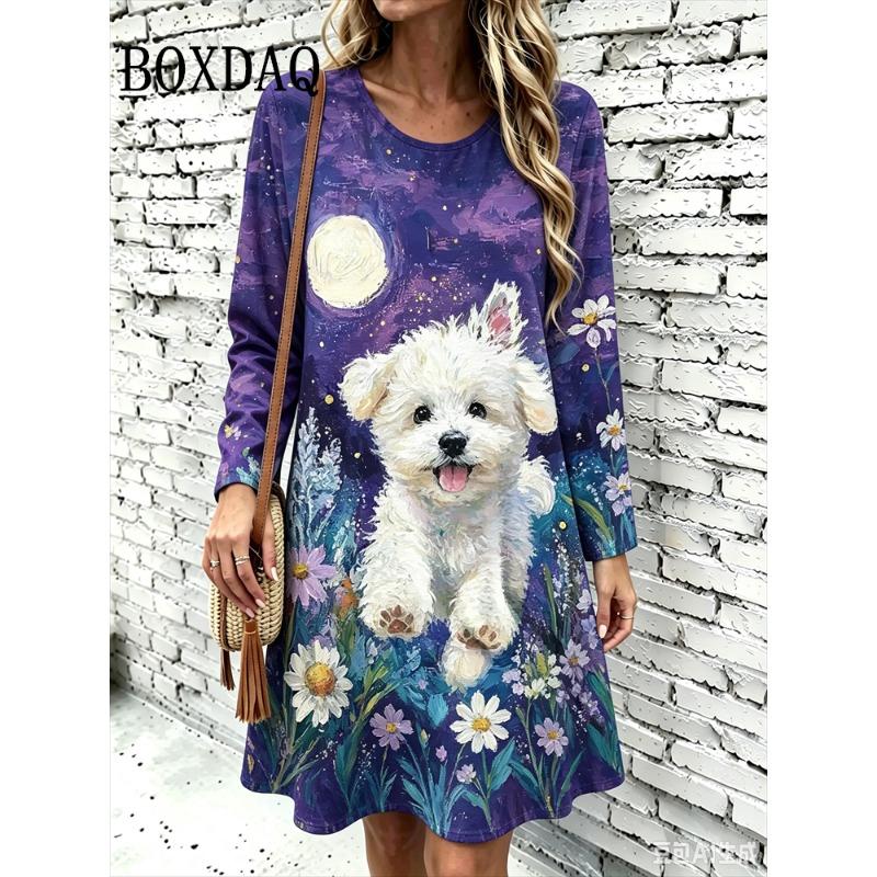 Oil Painting 3D Printing Women's Dresses Vintage Casual Poodle Dog Pattern Loose Home Dress Autumn Long Sleeve A-Line Dress 2026