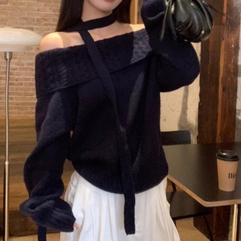 

Модный элегантный вязаный пуловер с открытыми плечами, женский свитер в корейском стиле, с открытым плечом, повседневный простой топ, осенне-зимняя свободная верхняя одежда one size тёмно-синий