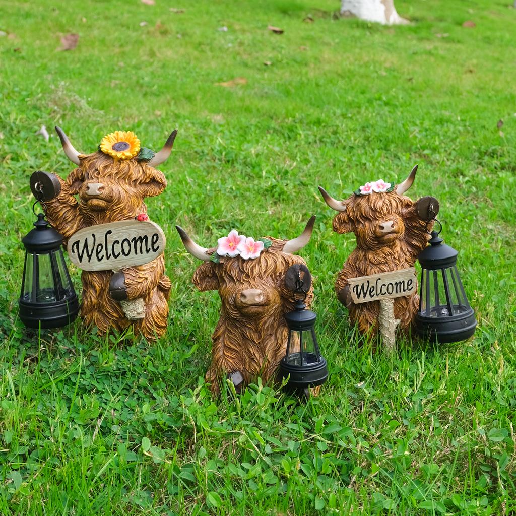JYL TS/143,Solar Highland Cow Figurine Yak Garden Statue Outdoor Garden Decor Resin Craft