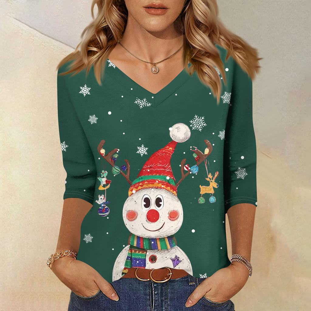 3/4 Sleeve Shirts For Women Print Christmas Tees Blouses Casual Plus Size Basic Tops Pullover