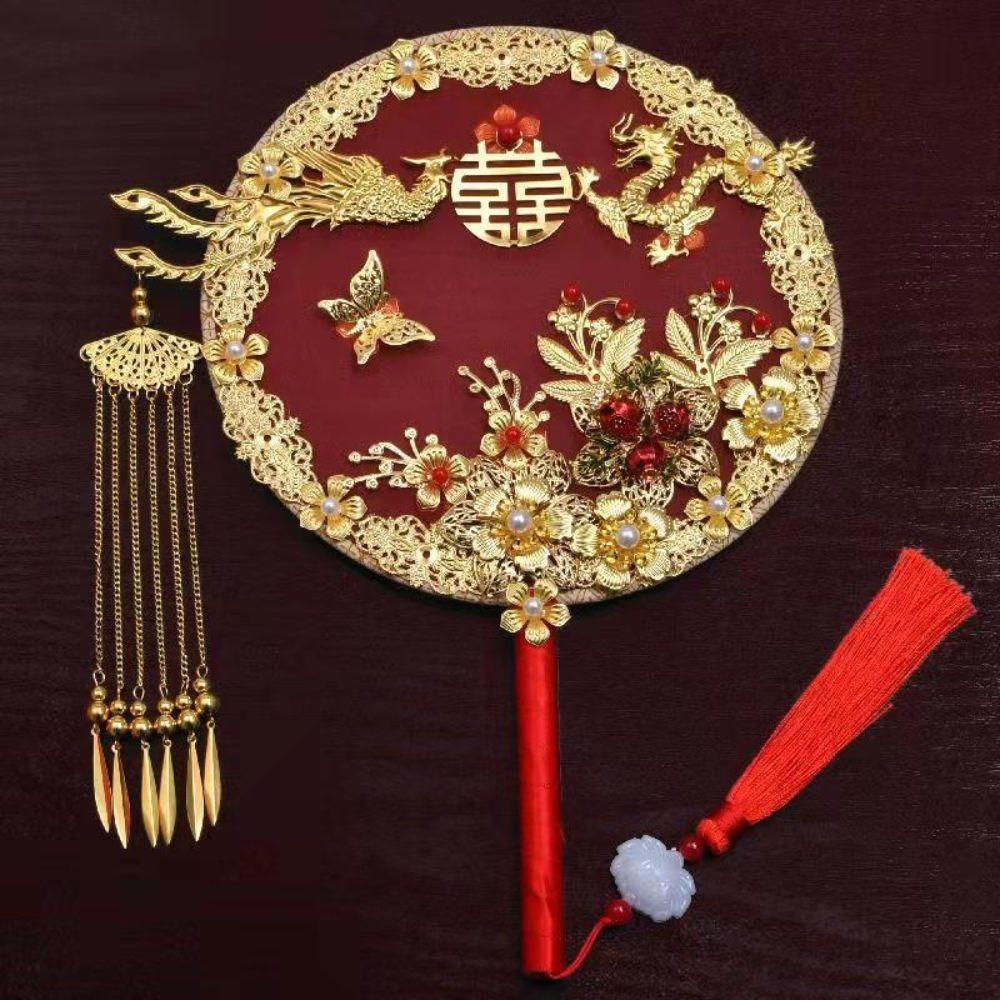 Traditional Chinese Bride Group Fan Handheld Flower Pattern Hanfu Fan Vintage Bridal Wedding Fan