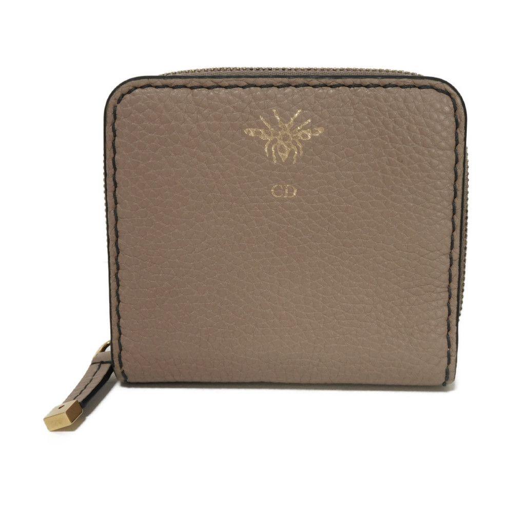 Used Bee Compact Zip Wallet (10656) S8001CVQR 7941, Bee Grain Calfskin, Snap Button, CD Logo, Rose Beige, Women's from