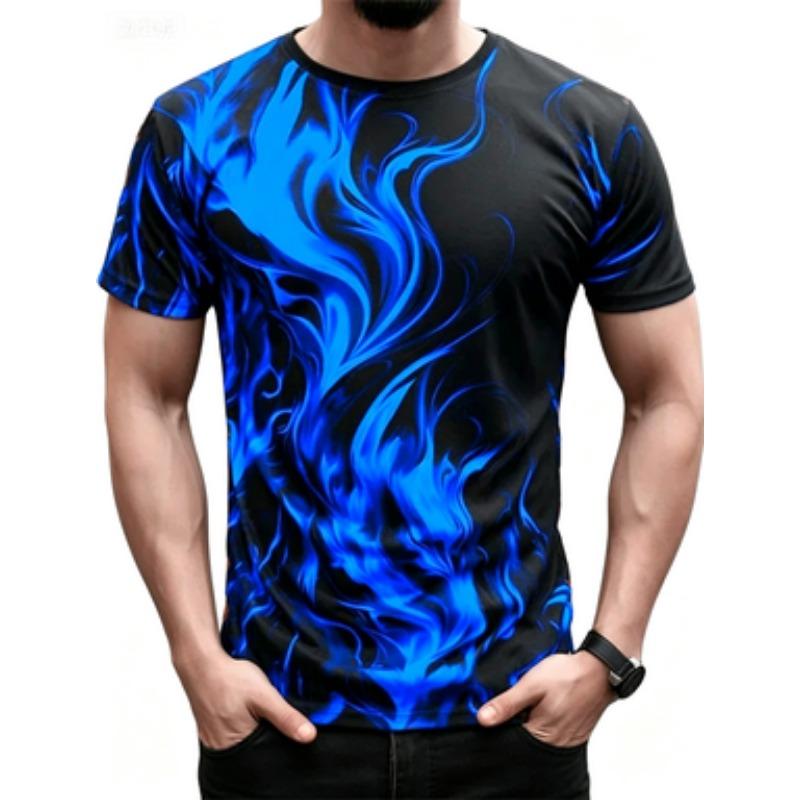 Modny Męski Trendy Krótki Rękaw Seria Płomieni Drukowany 3D Street T-shirt Okrągły Dekolt Casualowy Top