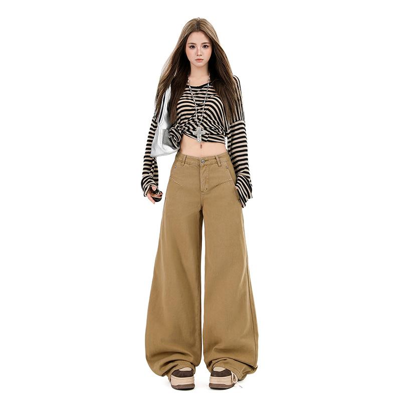 Khaki Wide-leg Jeans Women's Autumn New Versatile American Retro Floor Pants Loose Straight Pants