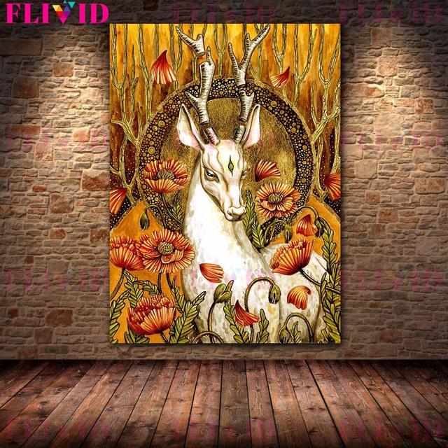 The White Deer Spirit and the White Wolf In the Forest "Retro Mural Art, Oil Painting, Magical Animal Art Poster