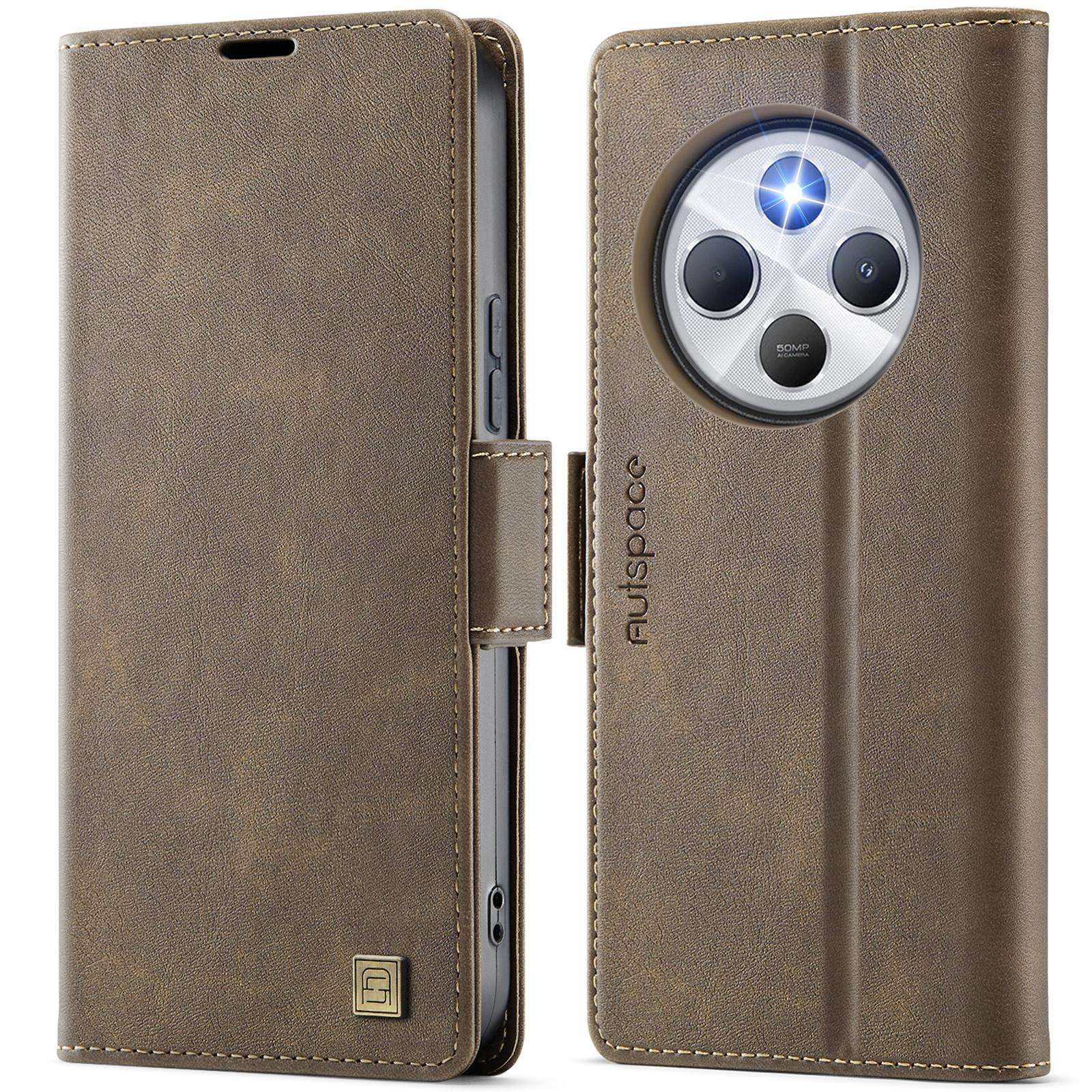 

For Xiaomi Redmi 14C 4G Case AUTSPACE A11 RFID Blocking Retro Leather Cell Phone Wallet Cover Brown