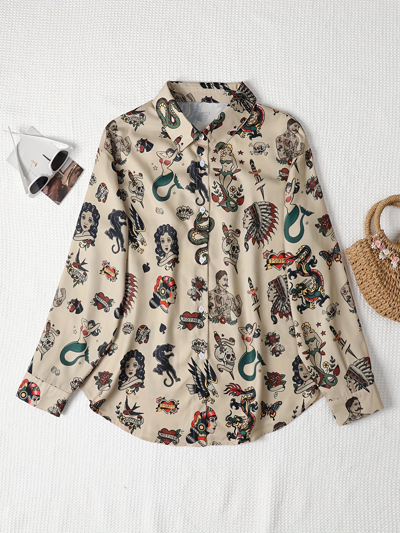 

Vintage Print Plus Size Loose Long Sleeve Shirt 4XL хаки